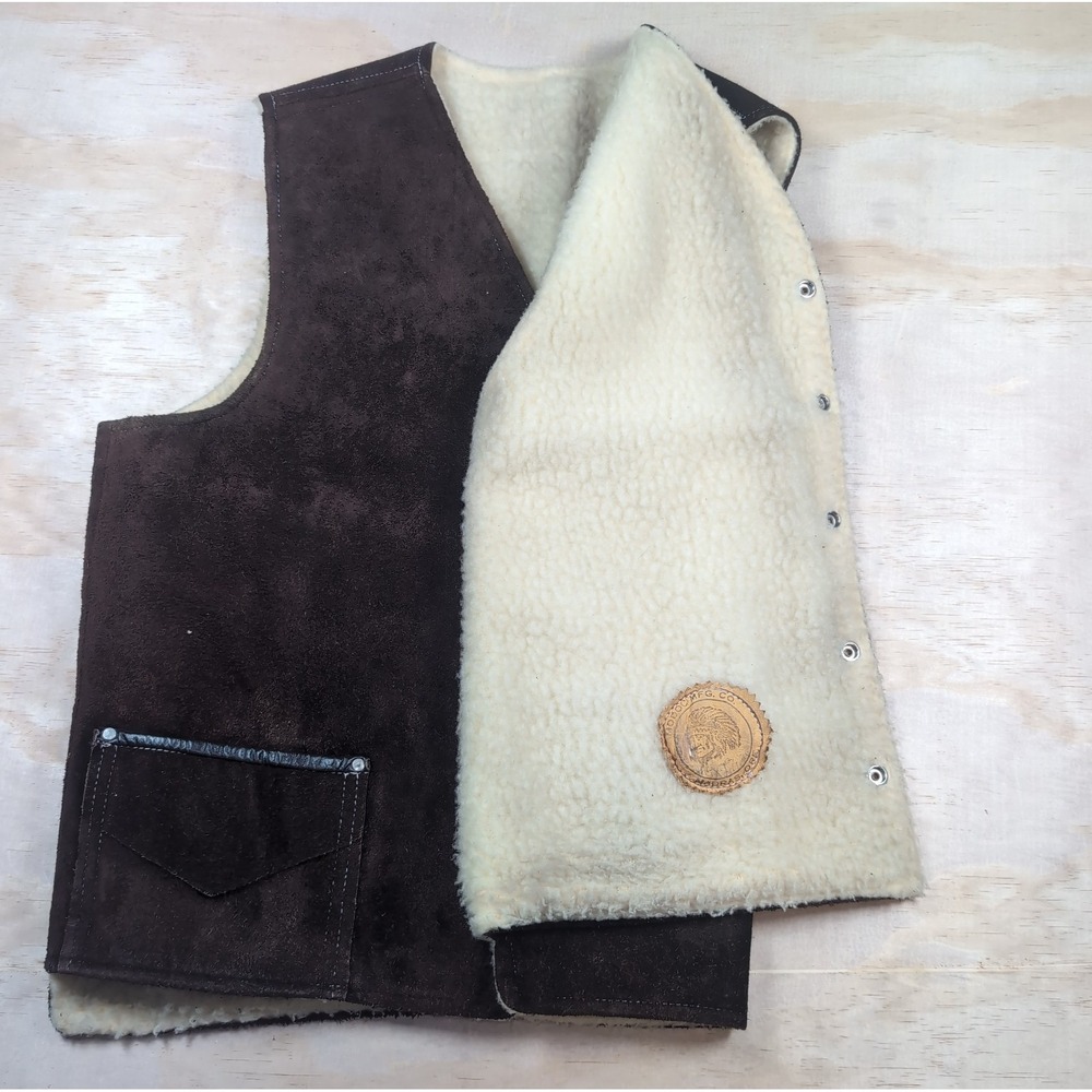 Vintage Modoc MFG Madras, Oregon Sherpa Lined Leather Vest Handmade Size XL
